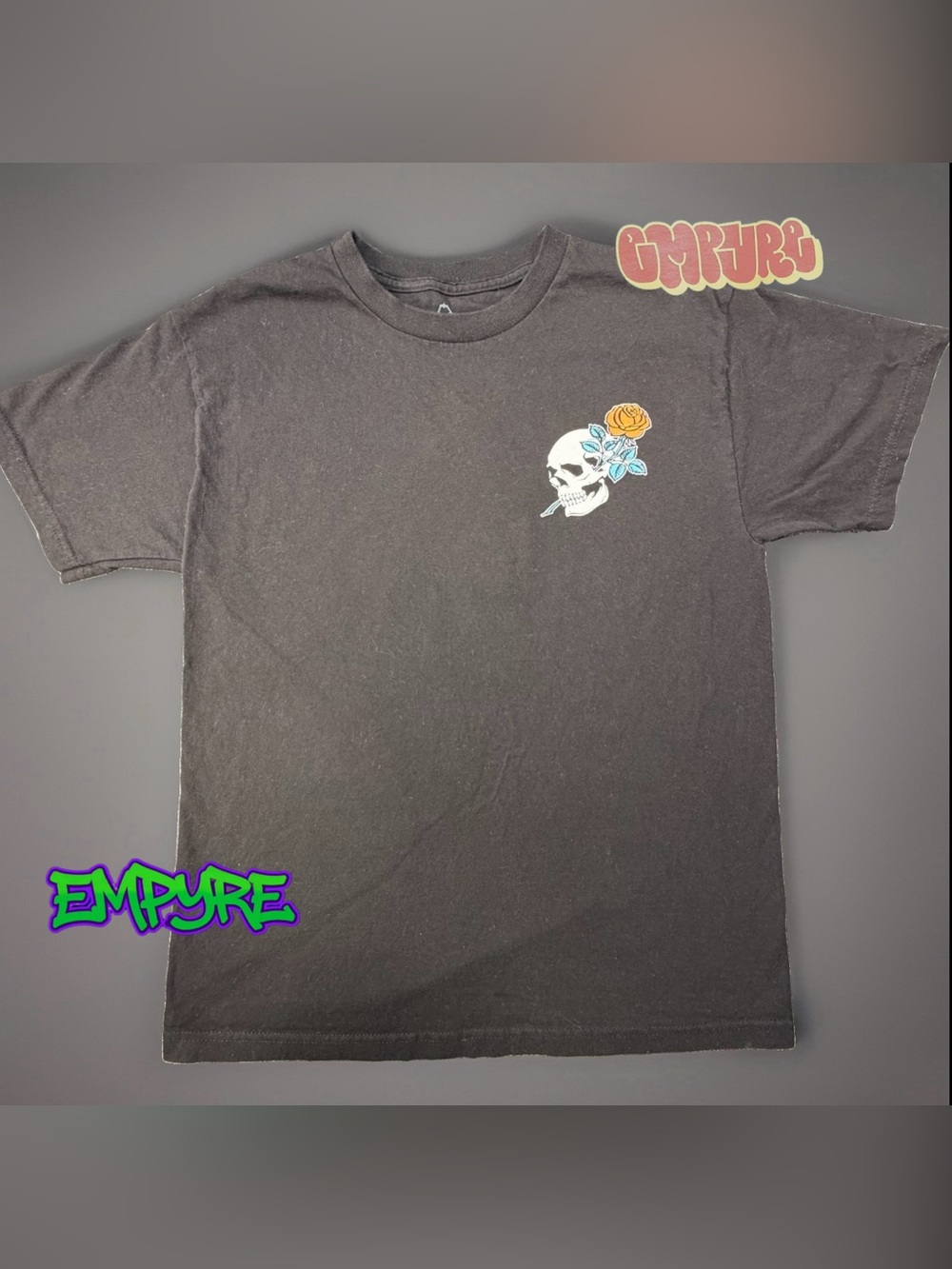 Empyre T-Shirt Mens M 19x24.5 Black Skull Rose Nothing Is Certain Possible Tee